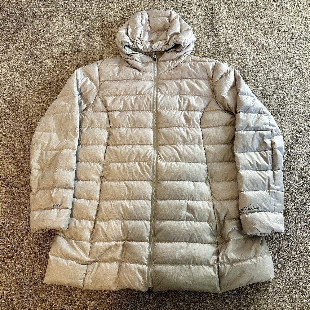 Eddie Bauer Jacket Womens 2XL Beige EB650 Hooded Down Puffer Lightweight Outdoor